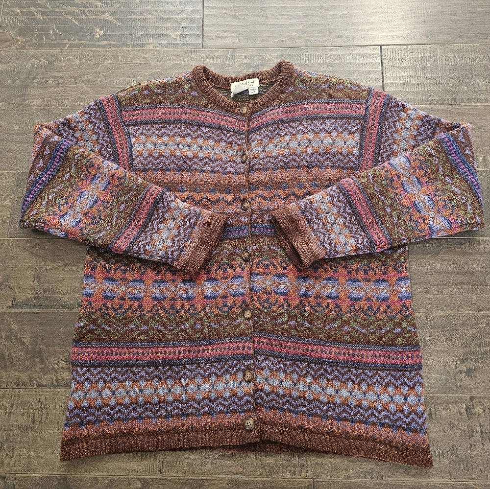 Beautiful & Vibrant Eddie Bauer Fair Isle 100% Pure Wool Cardigan Sweater Sz Lg